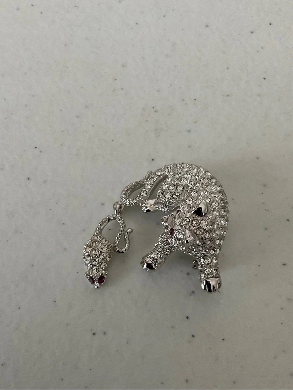 Silver Crystal Cat and Mouse Brooch with Red Eyes
